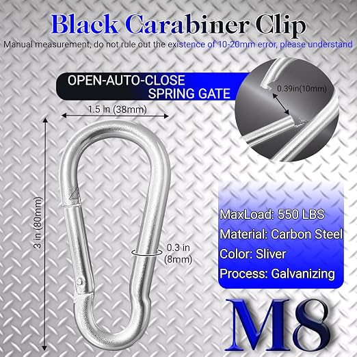 12 Pack 3" Heavy Duty Carabiner Clips, M8 Sliver Galvanized Steel Spring Snap - Image 2
