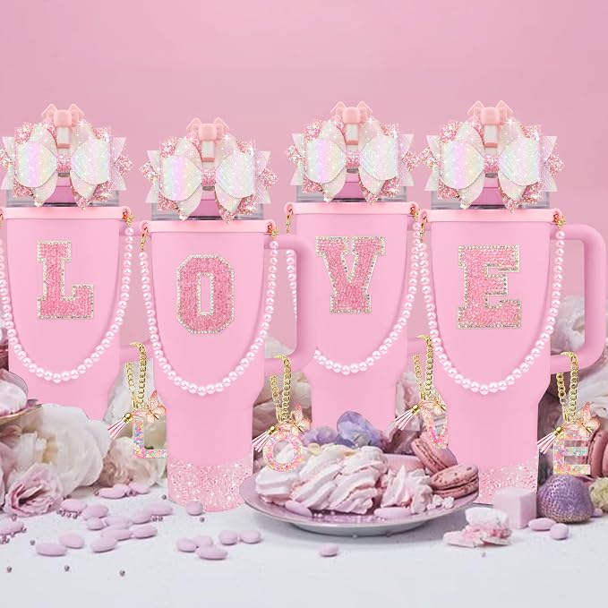 9PCS Pink for Stanley Cup Accessories Set Bling Initials Bow Charms for Stanley - Image 7