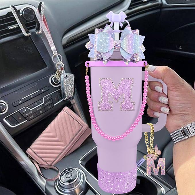 9PCS Purple for Stanley Cup Accessories Set Bling Initials Bow Charms for - Image 6