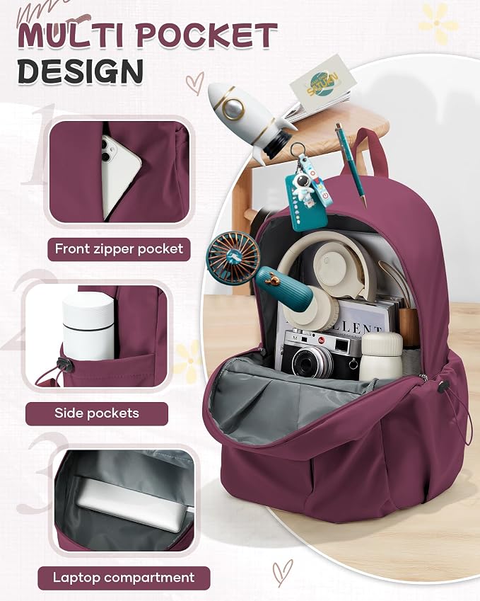 SEAFEW Red School Backpack for Girls Boys, Small Waterproof Bookbag for Women - Image 4