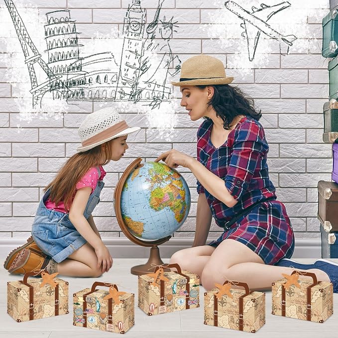 12Pcs Large Suitcase Party Favor Boxes Travel The Map Paper Treat Box - Image 6