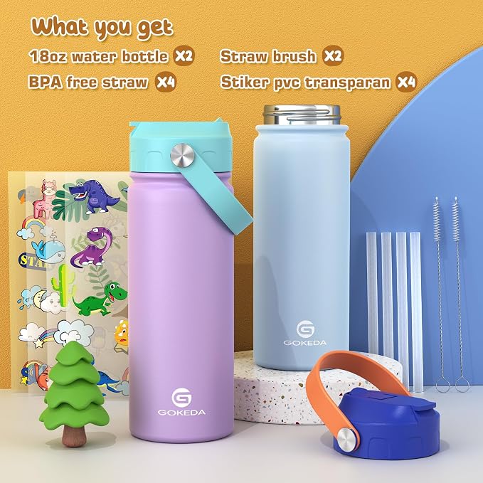 GoKEDA 18oz Kids Water Bottle, 2 Pack Insulated Bottles - Image 4