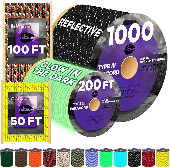 TECEUM Reflective Paracord Rope 1000 – 1000ft/200ft/100ft/50ft – 40+ Colors – by TECEUM