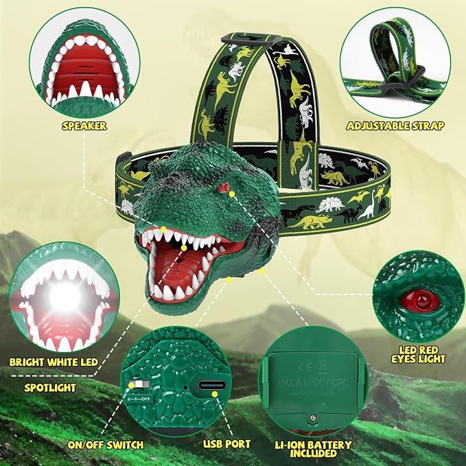 Nitigo Dinosaur Headlamp for Kids Flashlight Rechargeable Led Dino Head Lamp - Image 2