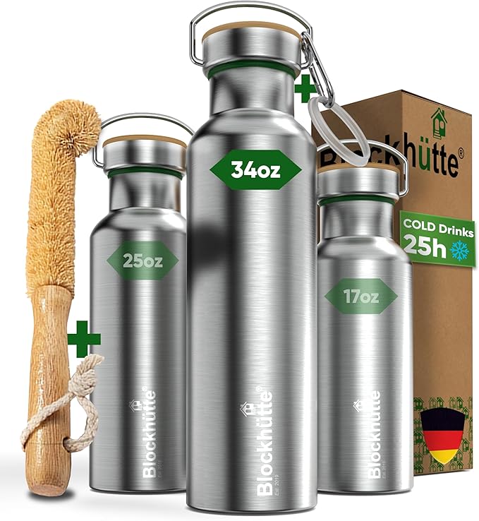 Blockhütte Vacuum Insulated Stainless Steel Water Bottle - 34 oz | Wide Mouth by Blockhuette