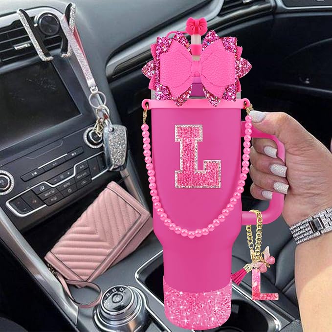 9PCS Hot Pink for Stanley Cup Accessories Set Bling Initials Bow Charms for - Image 6