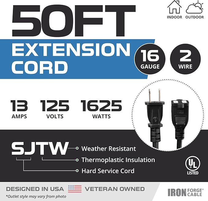 Iron Forge Cable 50 Ft Black Extension Cord, 50 Foot Extension Cord - Image 2