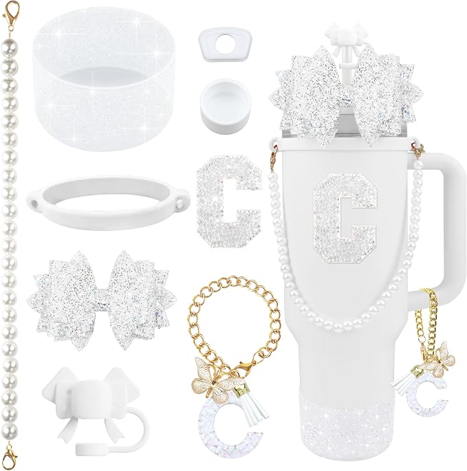 9PCS White for Stanley Cup Accessories Set Bling Initials Bow Charms for by Unknown