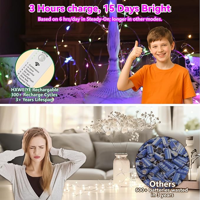 HXWEIYE Rechargeable Fairy Lights Battery Operated, DIY Timer & 8 Modes - Image 3