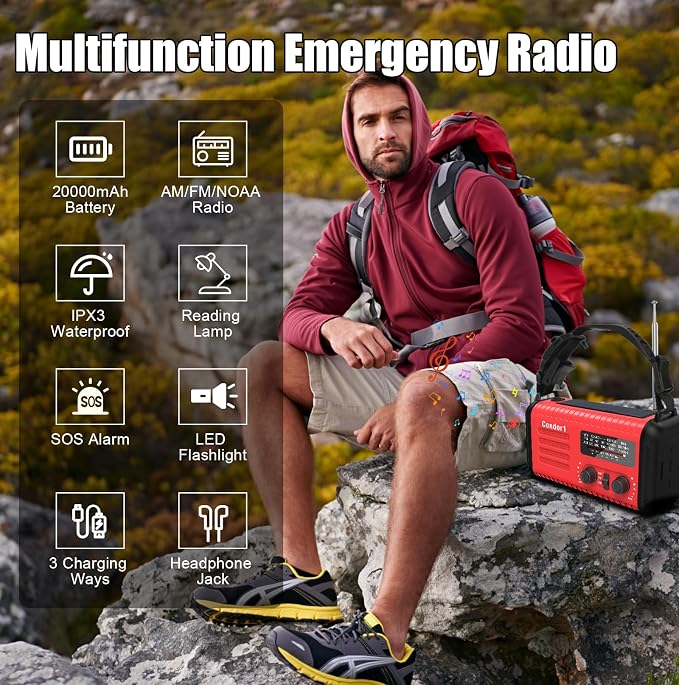 NOAA Weather Radio 20000mAh Battery Powered｜Solar Hand Crank Emergency Radio - Image 7