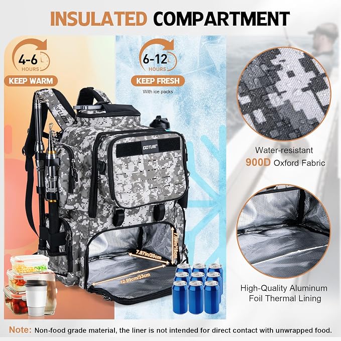 Goture Fishing Backpack, 58L 900D Water-Resistant Insulated Tackle Backpack - Image 4