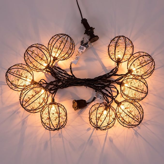 Outdoor Decorative Patio String Lights, Beaded Copper Wire Ball Style Lantern - Image 7