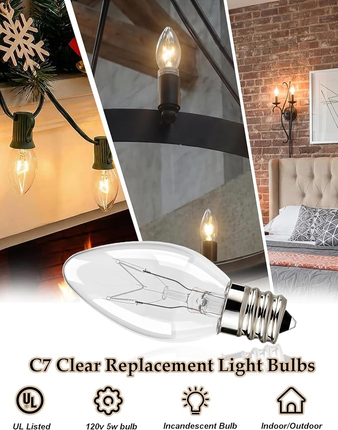 25 Pack C7 Clear Replacement Bulbs, C7 Outdoor Candle Light Bulbs, Night Candle - Image 3