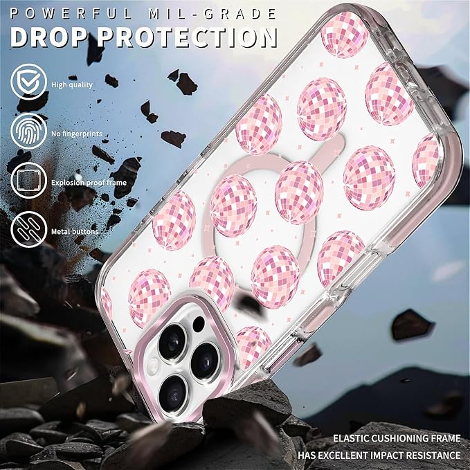 Case for iPhone 16 Pro, Disco Balls Pink Phone Case Design，for Women Girls - Image 5