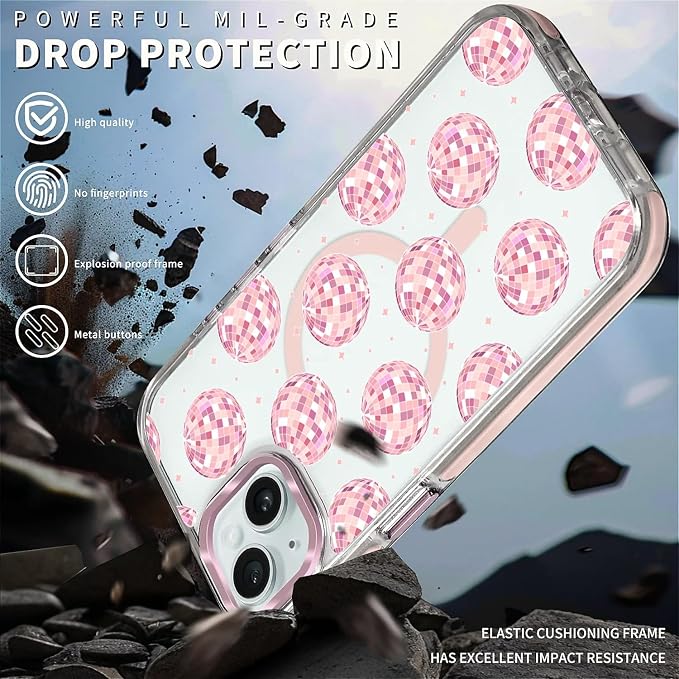 Case for iPhone 14 Plus/15 Plus, Disco Balls Pink Phone Case Design，for Women - Image 5