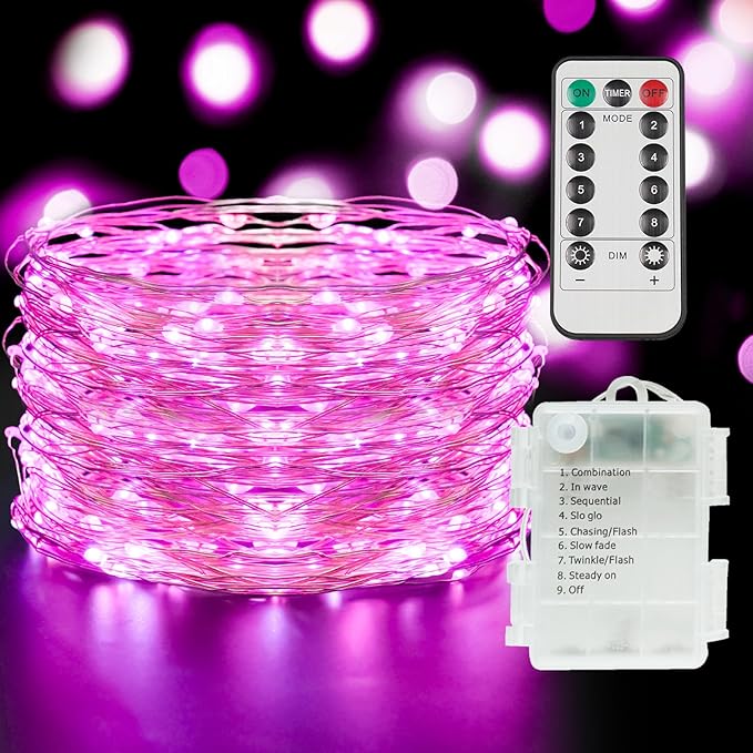 suddus Pink Valentine Day Fairy Lights Battery Operated, 66ft 200 LED String by SUDDUS