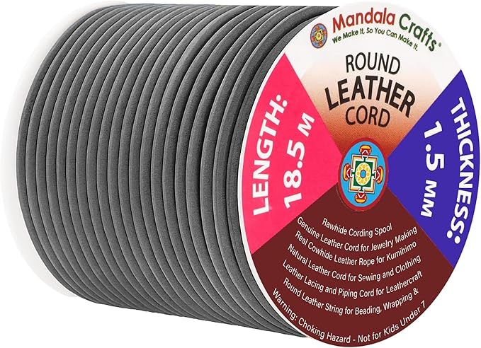 Mandala Crafts Round Cowhide Genuine Gray Leather Cord by MandalaCrafts