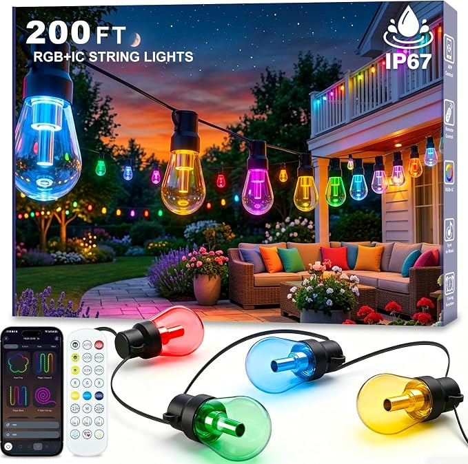 Beizelte Outdoor String Lights, 200FT RGB+IC Outside Light Dimmable by Beizelte