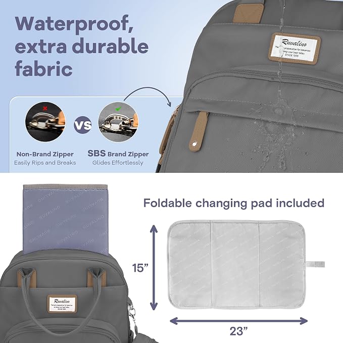 RUVALINO Diaper Bag Backpack, Large Capacity, Waterproof and Stylish, Iron Gray - Image 7