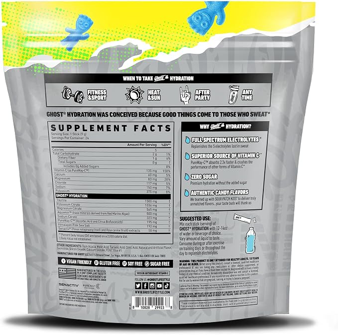 GHOST Hydration Packets, Sour Patch Kids Blue Raspberry, 24 Sticks, Electrolyte - Image 2