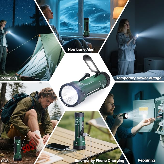 Hand Crank Flashlight, 3000mAh NOAA Weather Radio Flashlights - Image 6