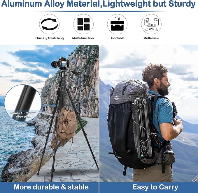 68" Ball Head Camera Tripod & Monopods, 360° Smooth Rotation V-Yoke Rifle - Image 5