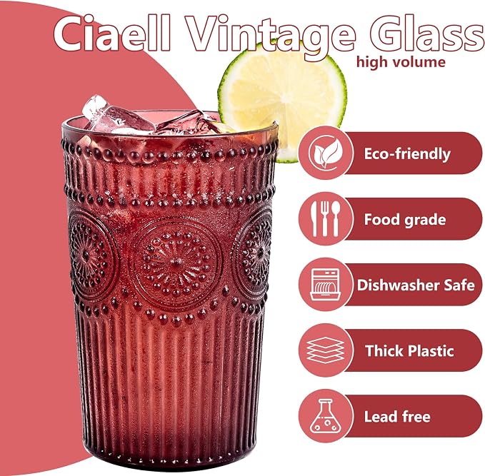 Ciaell 12 Pack Romantic Plastic Water Glasses - 14 Oz Burgundy Vintage Drinking - Image 3