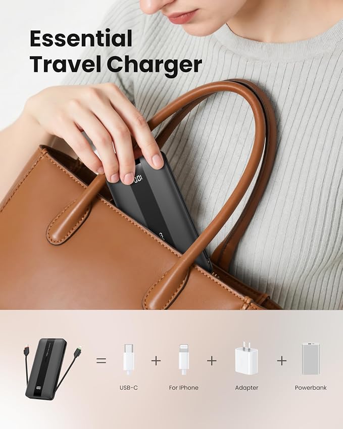 Portable Charger with Wall Plug, Fast Charging Power Bank Built-in Cables - Image 5