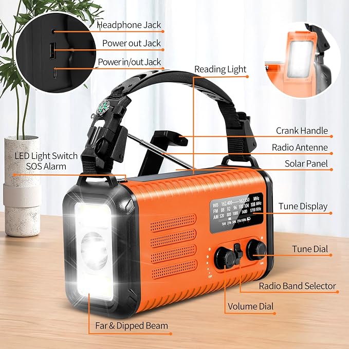 20000mAh Emergency Solar Crank Radio, 4 Ways Powered Portable Weather Radio - Image 7
