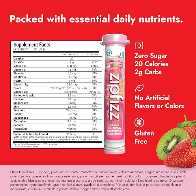 Zipfizz Daily Energy Drink Powder, Strawberry Kiwi, 20 Pack | 3-in-1 Sustained - Image 2