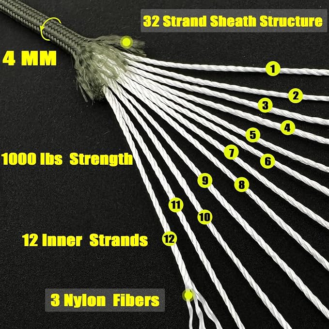 VVAAGG 1000 Paracord Rope 200FT, 4mm Utility Parachute Cord 12 Strand Nylon Rope - Image 2