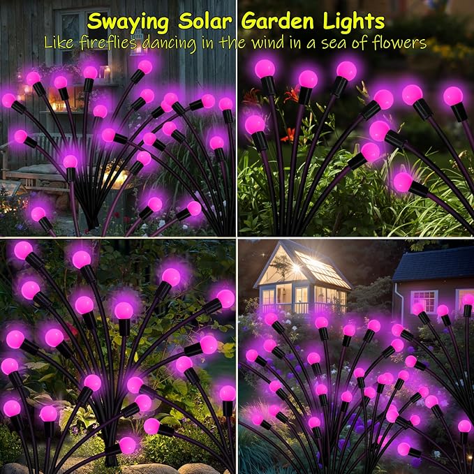 Kohlrabi Solar Garden Lights Outdoor, 2 Pack 16 LED Solar Pink Firefly Lights - Image 3