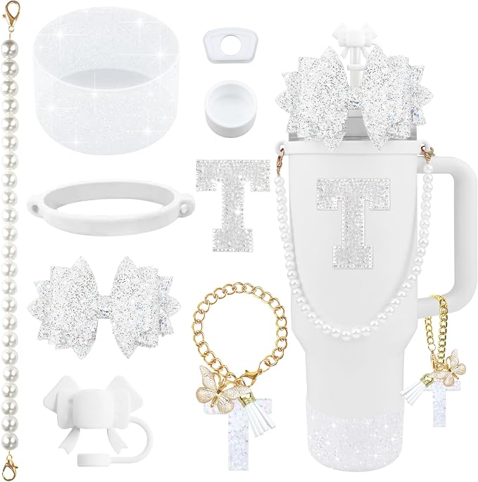 9PCS White for Stanley Cup Accessories Set Bling Initials Bow Charms for by Unknown