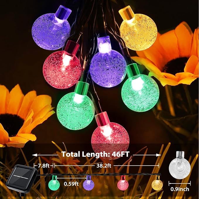 Outdoor Solar String Lights, 46FT 66LED 8Modes Crystal Color Solar Powered - Image 2