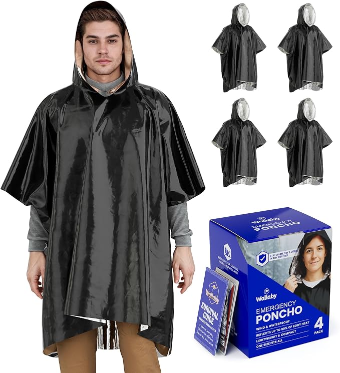 Wallaby 4-Pack Emergency Mylar Ponchos – Universal Fit Thermal Poncho by WallabyGoods