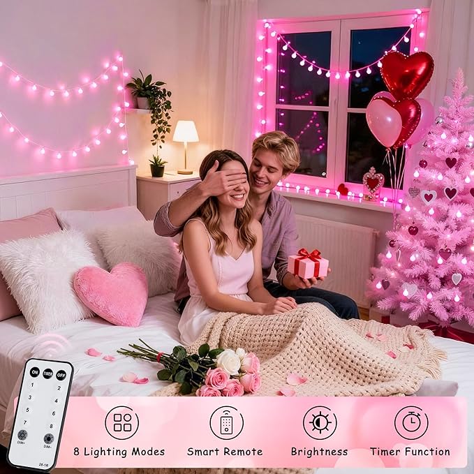 JMEXSUSS 100 LED Pink String Lights Indoor, 33 ft Connectable Globe Pink Lights - Image 2