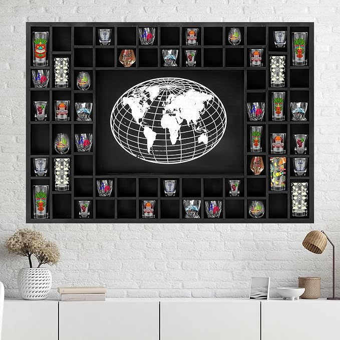 GlikCeil Large World Map 68 Slots Shot Glass Display Case 40 x 28'' Rustic Wood by GlikCeil