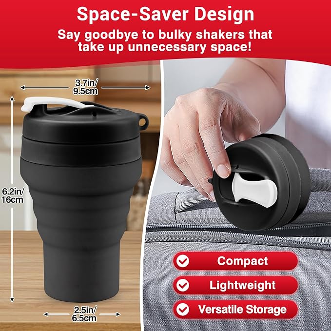 Collapsible Protein Shaker & Water Bottle Food-Grade, Leakproof Lid 600mL/20oz - Image 2