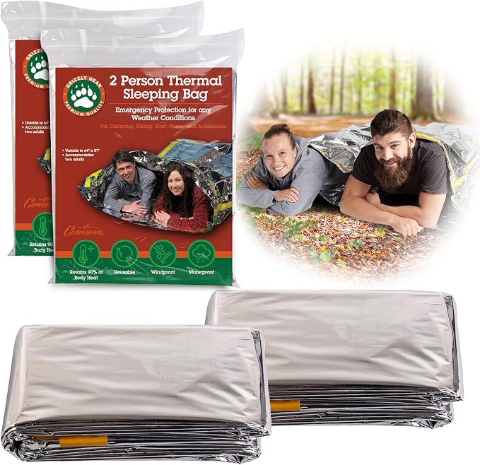 Emergency Thermal Mylar 2 Person Sleeping Bags -Ultra Compact by GrizzlyGear