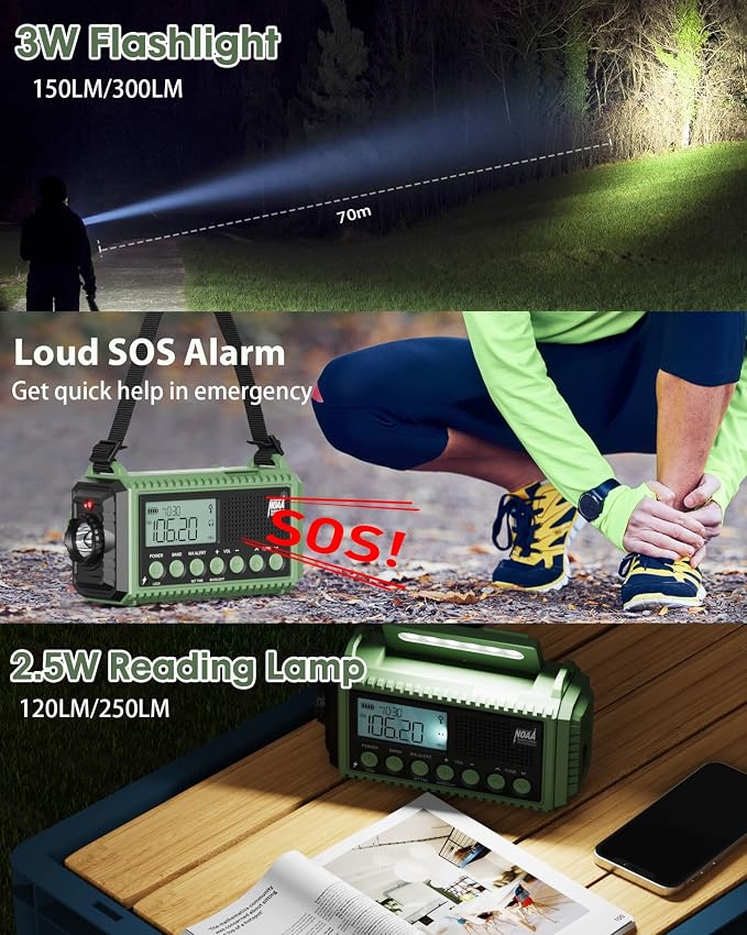 Emergency Weather Radio, Hand Crank 12000mAh Battery Powered Auto Alert NOAA - Image 6
