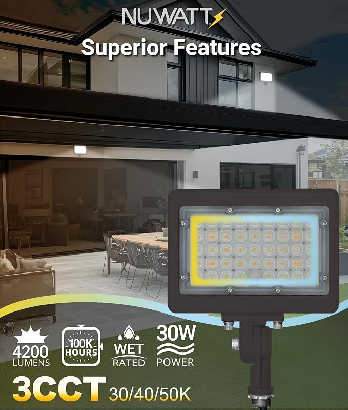 NUWATT 30W LED Flood Light, 3CCT 3000K/4000K/5000K Selectable, IP65 Waterproof - Image 4