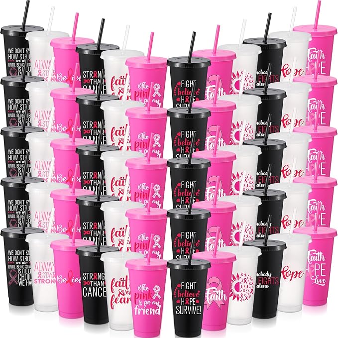 Willinglong 60 Pack Breast Cancer Awareness Gifts Plastic Cups by Willinglong