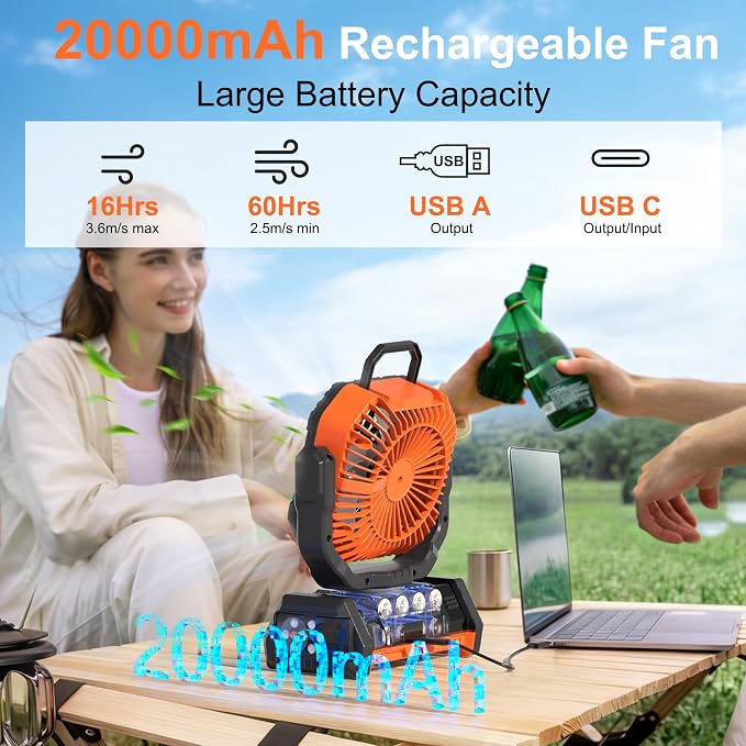 Honesorn Portable Rechargeable Fan 20000mAh, Camping Fan - Image 3
