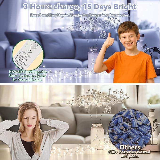 HXWEIYE Rechargeable Fairy Lights Battery Operated, DIY Timer & 8 Modes - Image 3