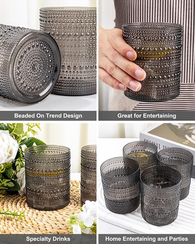 YOUBET 24PCS Plastic Drinking Glasses - 14OZ Black Hobnail Drinkware Glasses - - Image 4