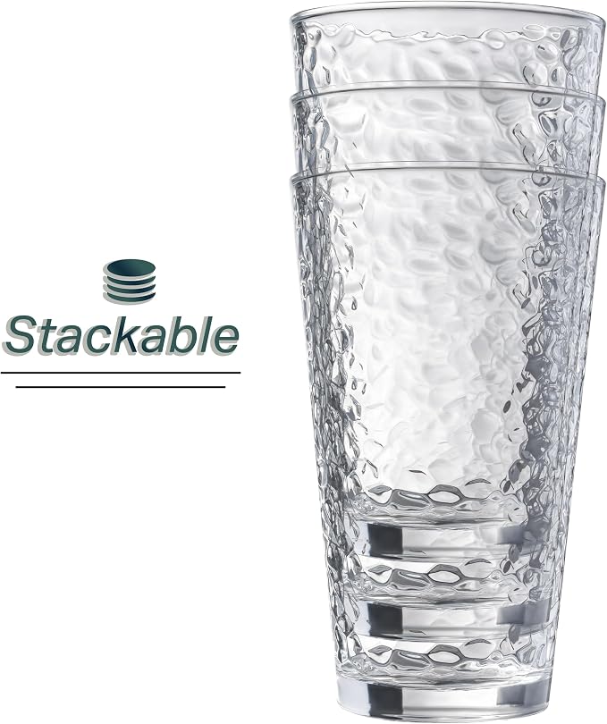 Set of 10 Hammered Glass Cups, 16oz. Dishwasher Safe Cocktail Drinking Glasses - Image 4