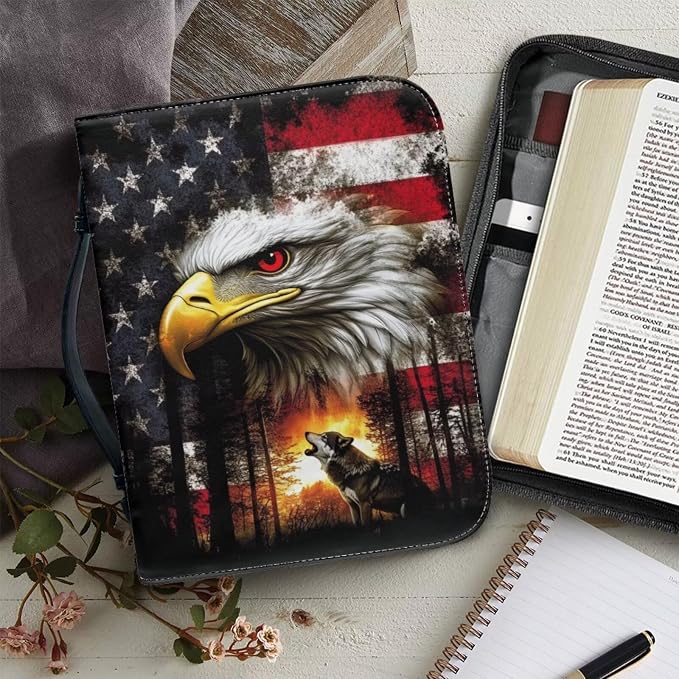 XL Bible Cover Case for Women Men American Flag Wolf Bald Eagle Print PU - Image 5