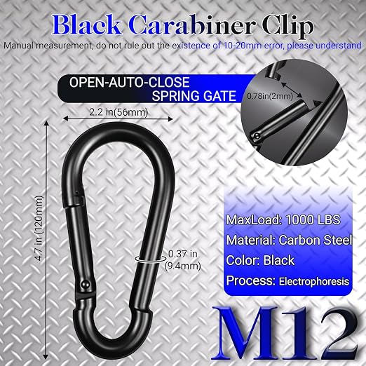 5 Pack 4.7" Heavy Duty Carabiner Clips, M12 Black Galvanized Steel Spring Snap - Image 2