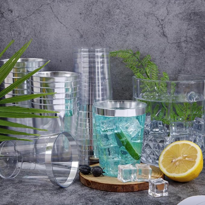 I00000 100PCS Silver Plastic Cups, 10 oz Clear Plastic Cups - Image 5