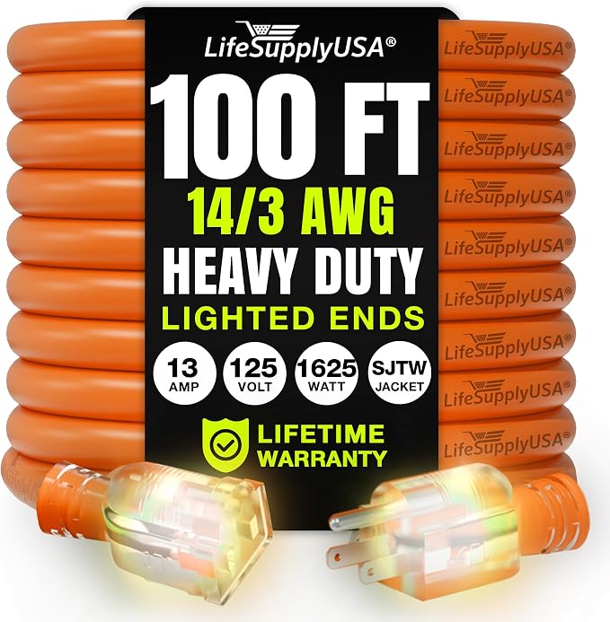 100ft Outdoor/Indoor Extension Cord 14/3 Gauge Heavy Duty 3 Prong SJTW by LifeSupplyUSA